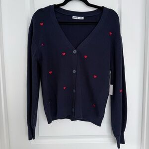 DEVOTED | Button front cable knit cardigan with embroidered hearts